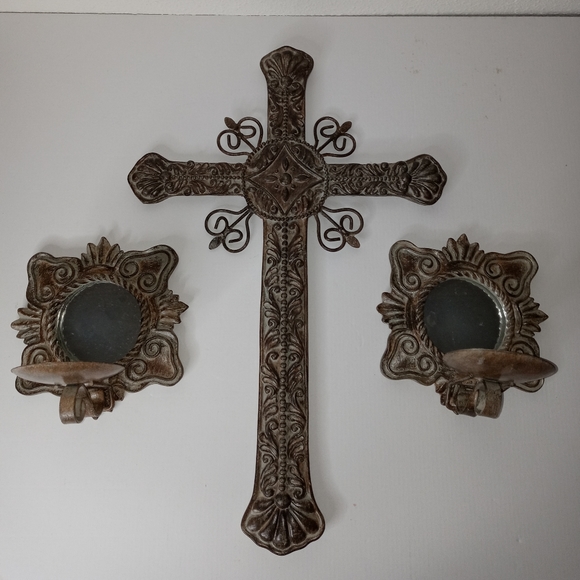 Gothic Brown Distressed Cross and Candle Sconces Set/3 Pieces